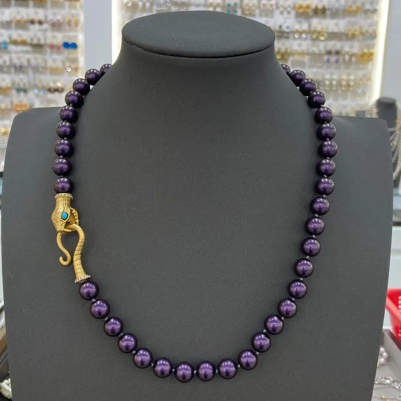 Antique Gold Snake Buckle Purple Round Bead Necklace Vintage Style Single Layer Beaded Collar Necklace Women Fashion Jewelry