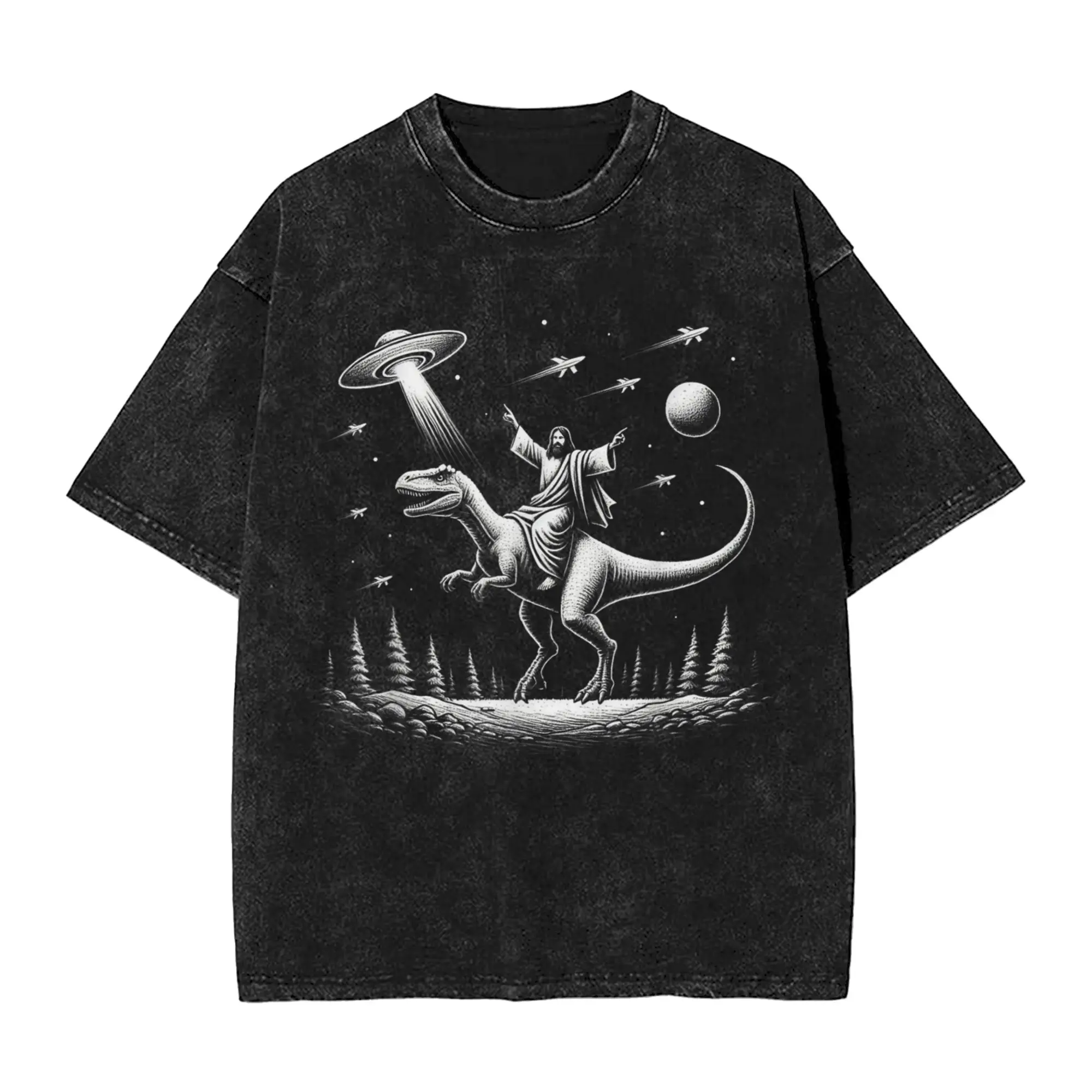 Jesus Riding Dinosaur Shirt UFO T-Shirt  Hip Hop T Shirts Short-Sleeve Streetwear Tops Summer Casual O Neck Plus Size Clothing