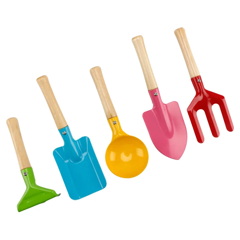 キッズビーチおもちゃセット5個 – 金属製木製ハンドル付き砂ツール子供用ビーチガーデニング屋外プレイセット子供用