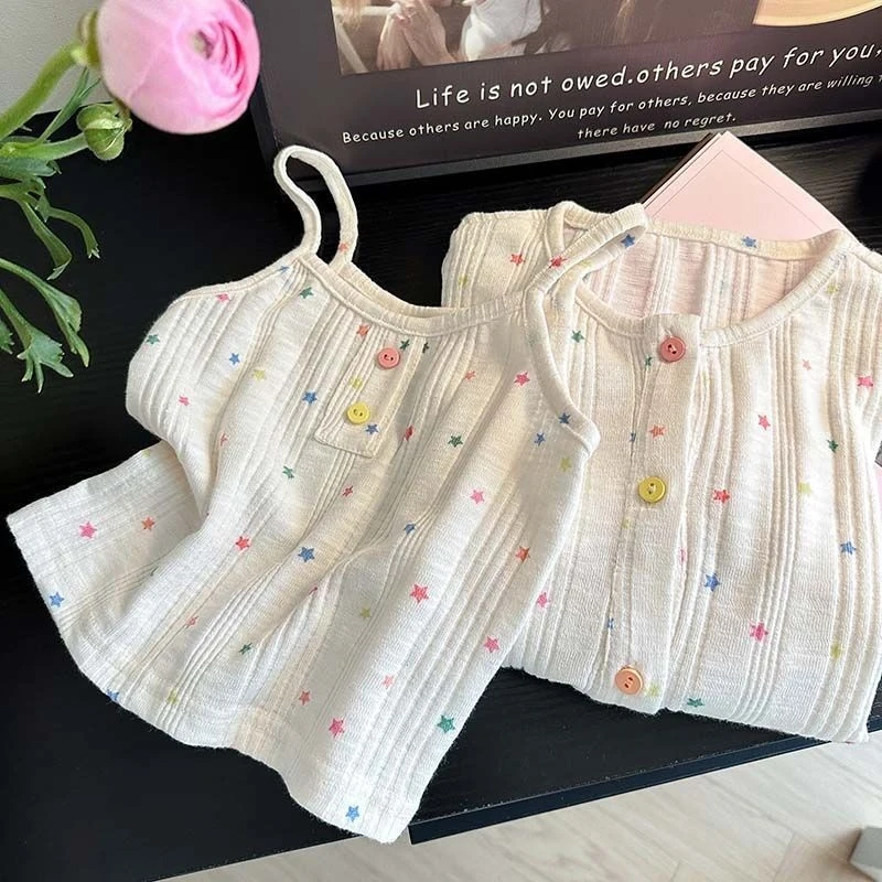 

Girls' Spring Top Set Cute Baby Girl Stylish Dopamine Print Cardigan Spring Summer Camisole Top