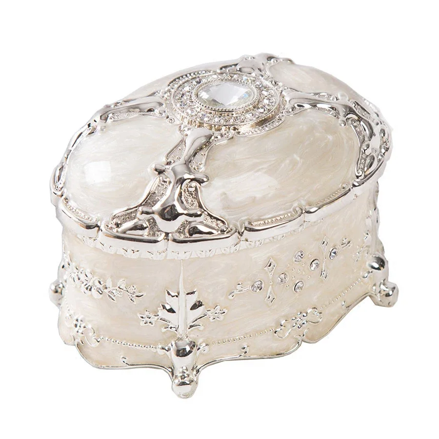 European Vintage Accents Oval Shaped Embossed Silver White Jeweled Metal Trinket Jeweled Box with Feet