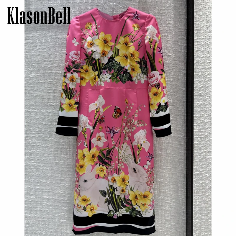 6.23 KlasonBell Vintage Fashion Floral Letter Print Contrast Color Round Neck Back Split Dress Women