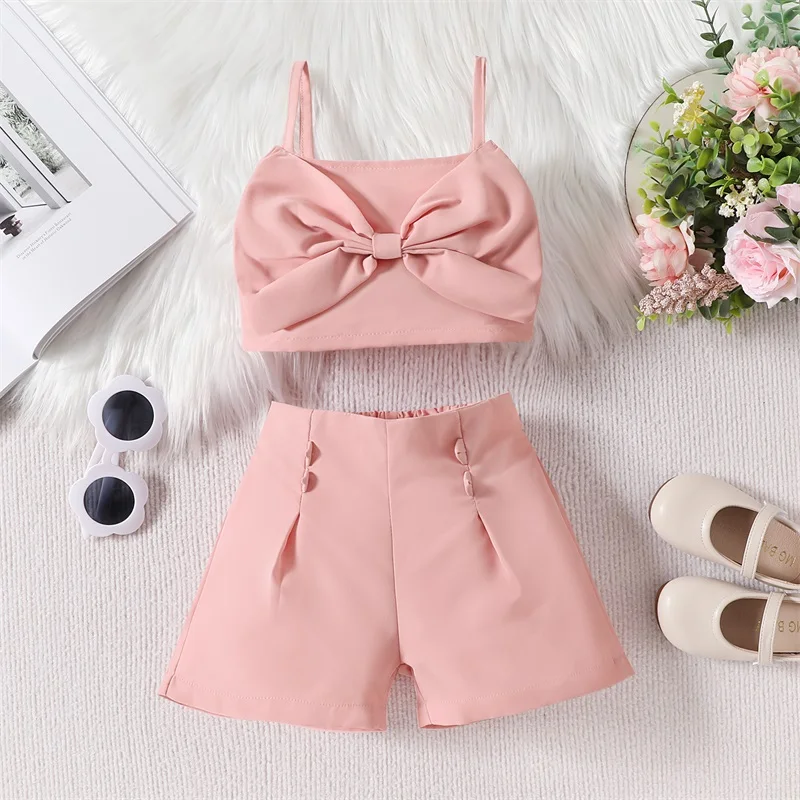 Toddler Girl Summer Clothes Solid Color Sleeveless Front Bow Cami Tops with High Waist Shorts 2 Pcs Fashion Outfit