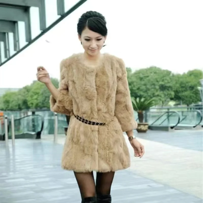 New Natural Real Rabbit Fur Long Coat Winter Real Rabbit Fur Jacket Korean Female Three Quarter Sleeve Soft Real Fur Coats