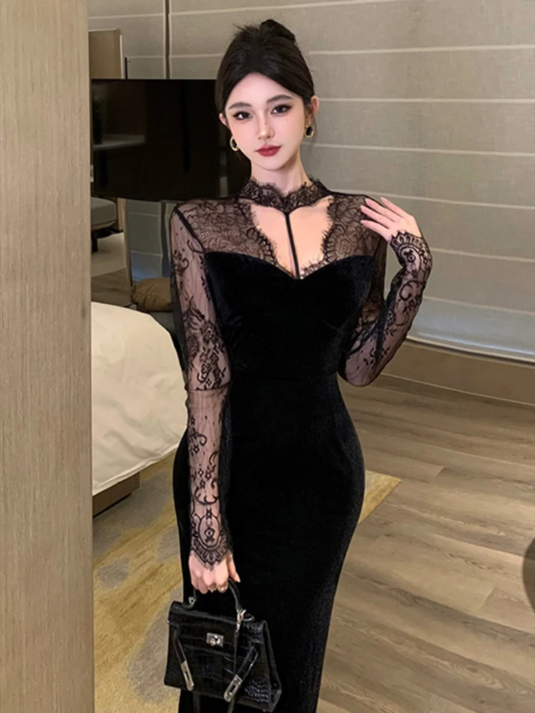 Sexy Lace Stitching Long Sleeve Dress Women French Temperament Backless Slim Velvet Party Mid Length Dresses