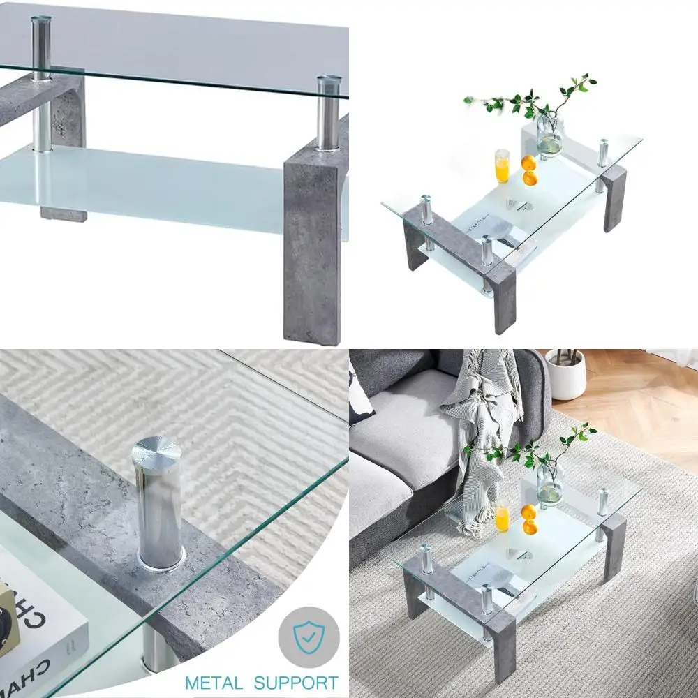 

Modern Grey Marble Coffee Table with Wooden Legs, Rectangular Design for Living Rooms and Waiting Areas, Glass Top with Lower Sh