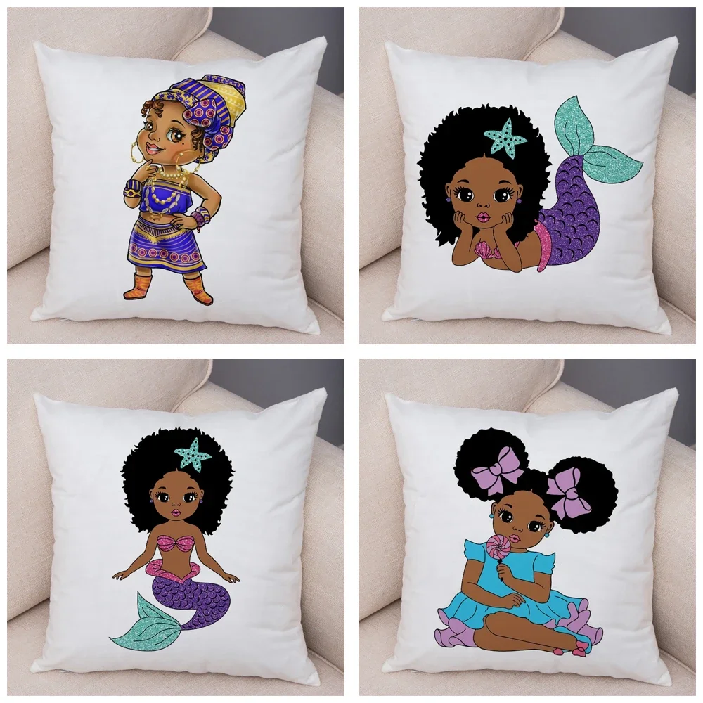 Lovely Cartoon Black Africa Girl Pillow Case Soft Plush Cushion Cover for Sofa Home Decor Cute African Children Throw Pillowcase