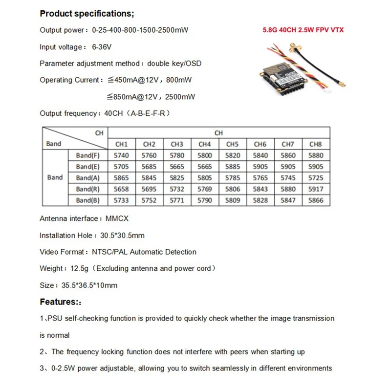 

AINY-5.8G 40CH 2.5W 2500MW Image Transmission For RC Fixed Wing FPV Long Rang Racing Drone Durable