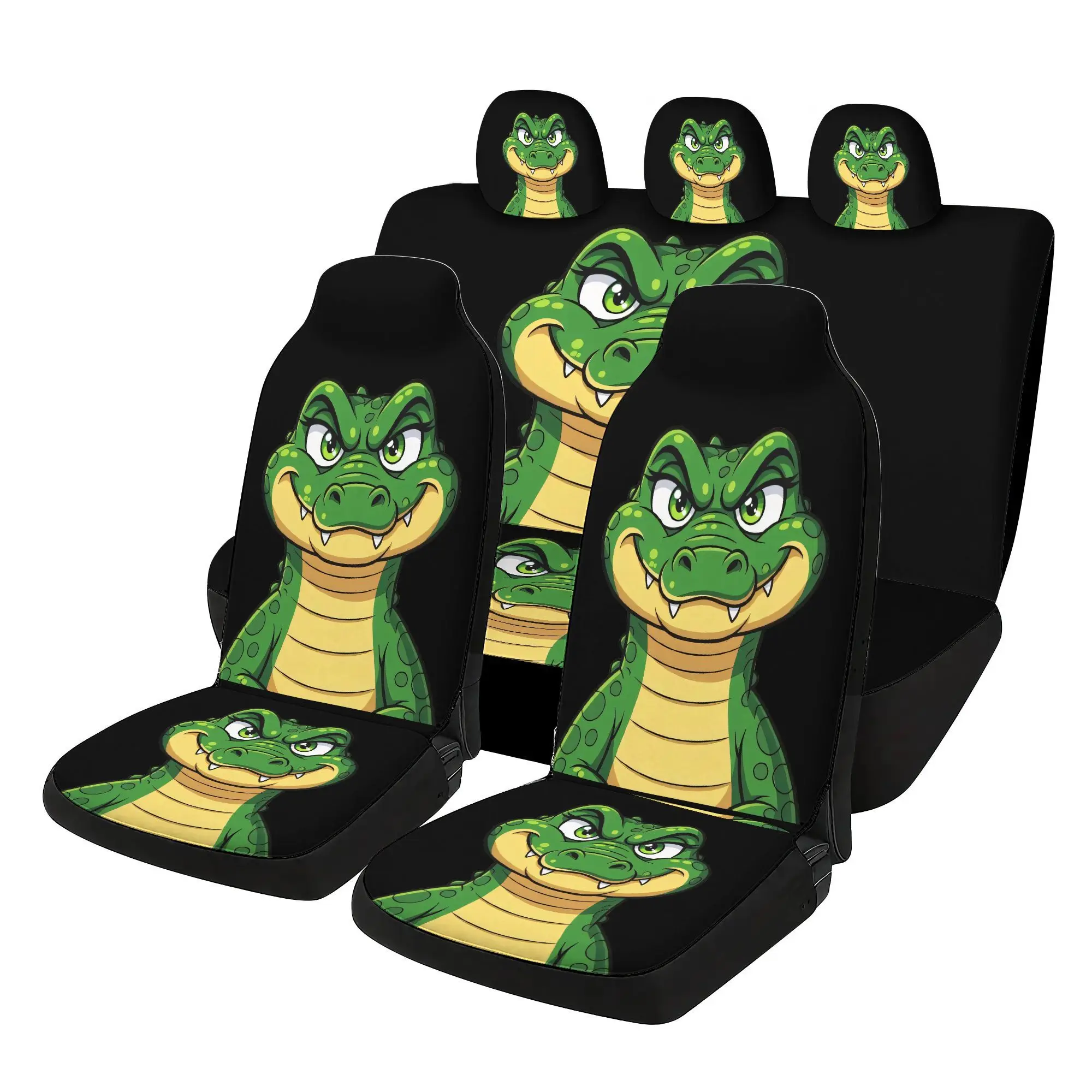 2D Plane 7pcs Set Cool Cartoon Crocodile Car Seat Covers Set - Including 2 Front Seat Covers And 1 Rear Seat Back Cover And 1 Re