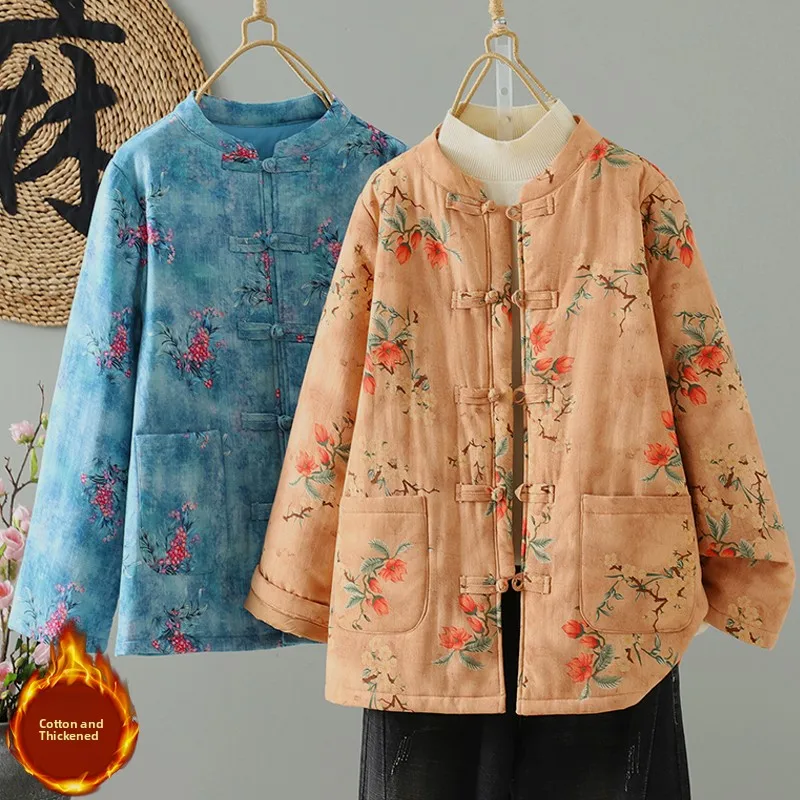 

Новое китайское хлопковое пальто с цветочным принтом, женское легкое зимнее пальто на пуговицах, дышащий длинный топ с воротником-стойкой