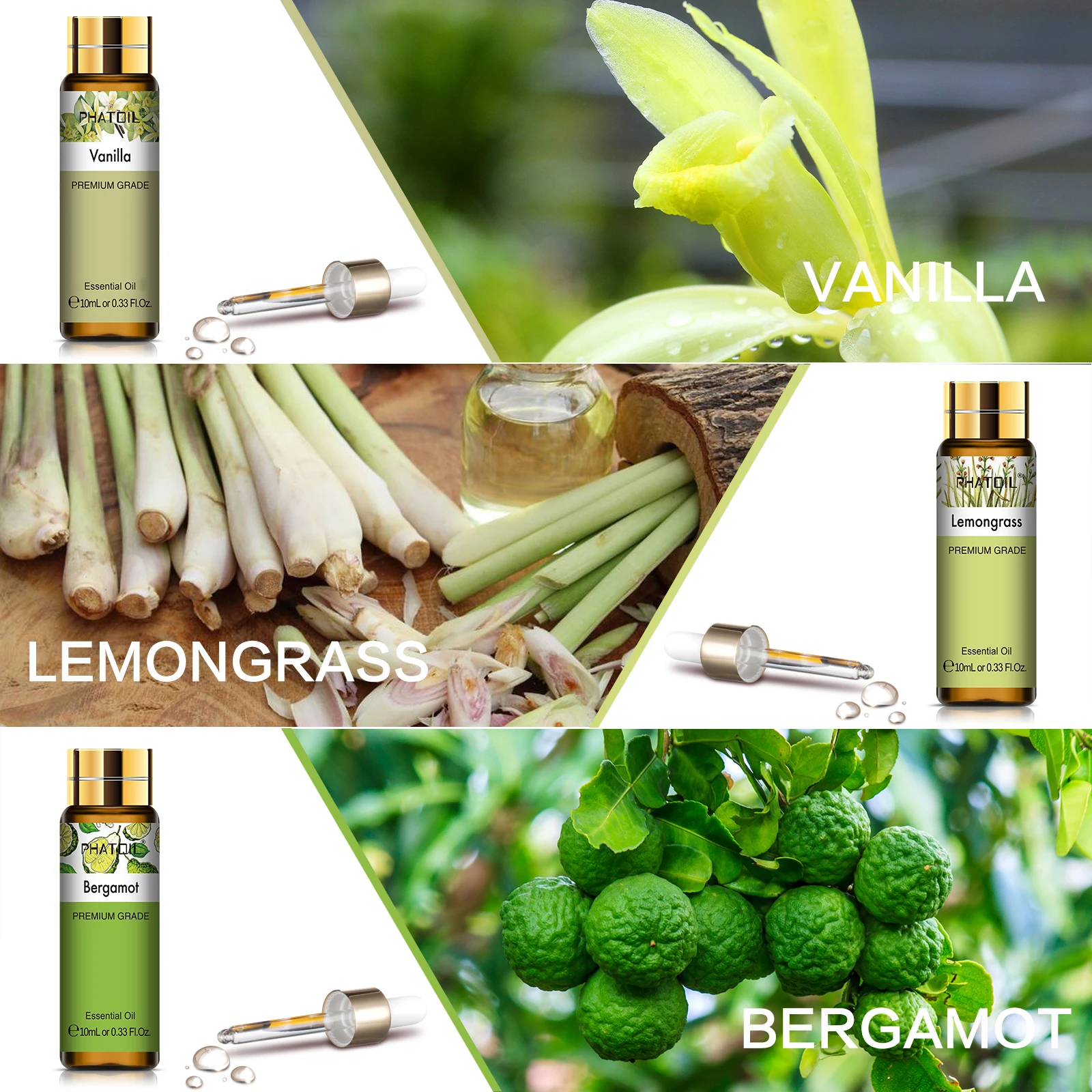 PHATOIL 9 Bottles Essential Oils Set-10ml Lavender Eucalyptus Vanilla Peppermint Sandalwood Citronella Lemongrass Bergamot Oils
