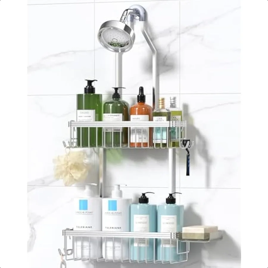 

Shower Caddy Hanging Never Rust Shower Organizer Aluminum Shower Rack with Hooks for Razor Sponge Bathroom Organizers and Stora