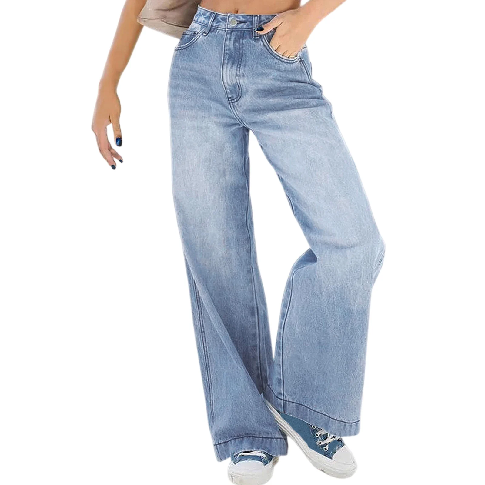 กางเกงยีนส์ผู้หญิงแฟชั่นสีพื้นมีกระเป๋า สไตล์ลำลองอเนกประสงค์ ทรงขาตรง เอวต่ำ ใส่สบายสำหรับฤดูใบไม้ผลิและฤดูใบไม้ร่วง