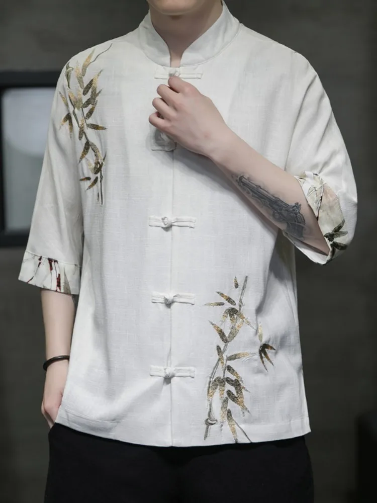 

Новая мужская летняя рубашка в китайском стиле: льняная хлопковая рубашка в стиле дзен, костюм Ханьфу Тан, свободный крой, с вышивкой, дышащая, тонкая