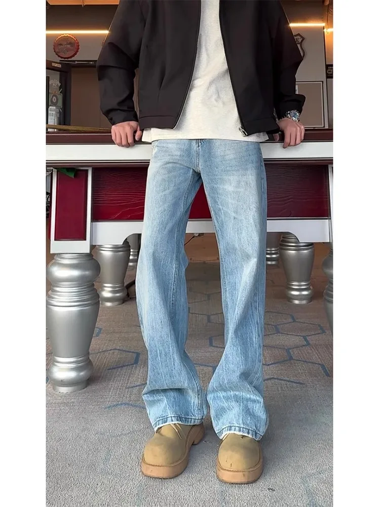 

Мужские джинсы с рисунком молнии в американском стиле ретро, прямые брюки с микро-расклешенными брюками, весна-осень, модная уличная атмосфера