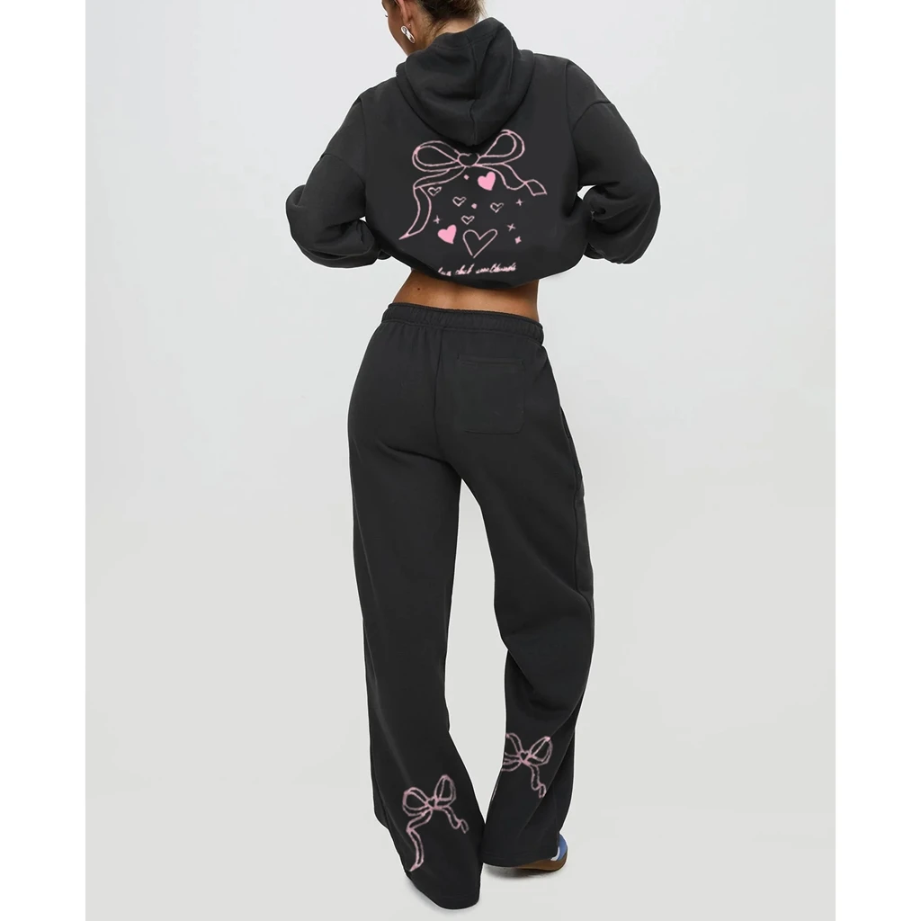 Combhasaki Women's 2Piece Workout Outfits Cute Bow Print Long Sleeve Hooded Pullover+Drawstring Sweatpants Activewear Tracksuits