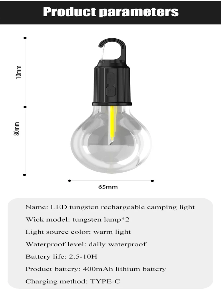 Tungstênio recarregável Noite Luzes Mercado, Outdoor Camping Bulb