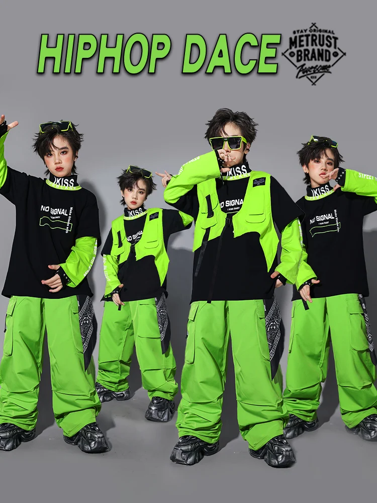 2025 سترة خضراء الهيب هوب السراويل وتتسابق للفتيات رقص الجاز أزياء مسرحية الأولاد الحديثة الهيب هوب الرقص الهذيان الملابس DQS21078