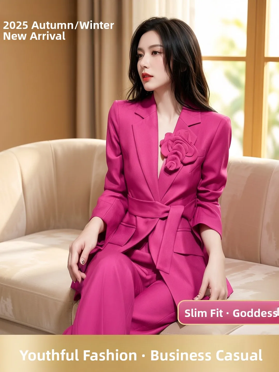 

Pink Business Suit Set Slim Fit Two Piece Set Fashionable Spring Autumn Women's Clothing Long Sleeve Long Pants Polyester Fiber
