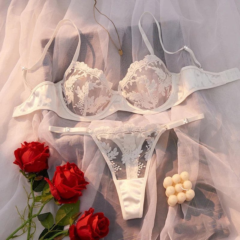 

Sexy Girl Lingerie Set Floral Embroidery Erotic Lingerie Ultra Thin Mesh Underwear See Through Intimates Beautiful Bra Panty Set