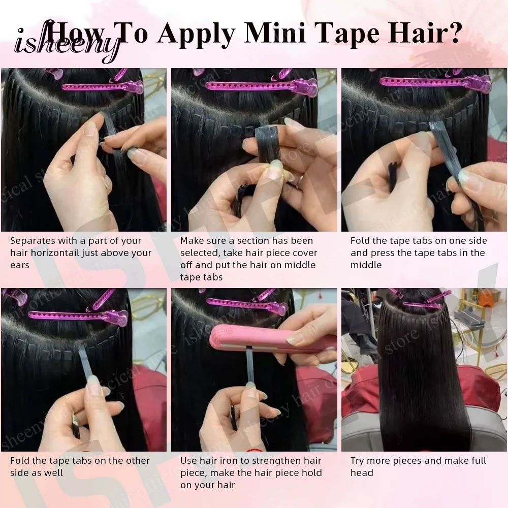 Isheeny 12 "16" 20 "Cinta en extensiones de cabello Cinta adhesiva invisible en la extensión del cabello 10 unids/pack Rosa Púrpura Azul Cabello colorido