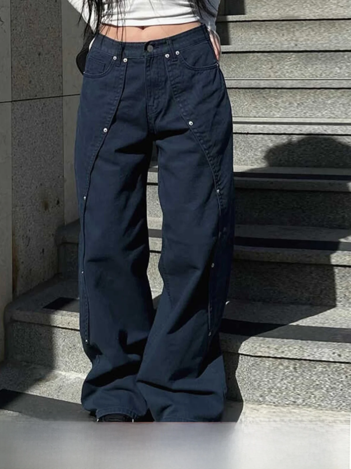 

Amyway High Street American Sle Rivet Design Casual Pants Women Loose Straight Low Waist Jeans Asymmetrical Straight Leg Jeans