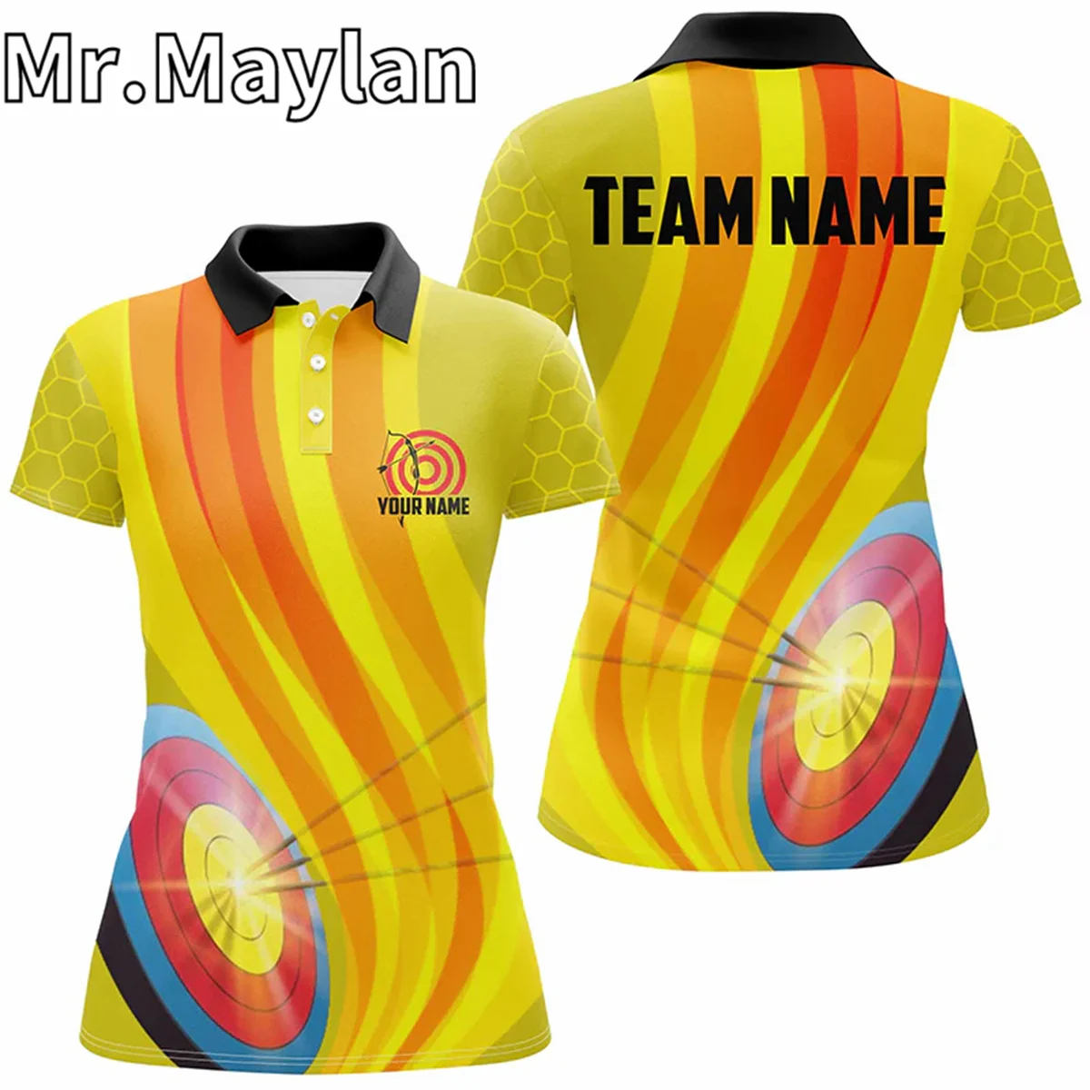 3D Personalized Light Arrows 3D Target Archery Sports Polo Shirts For Women Custom Yellow Archery Shirts Gift For Archery Lovers