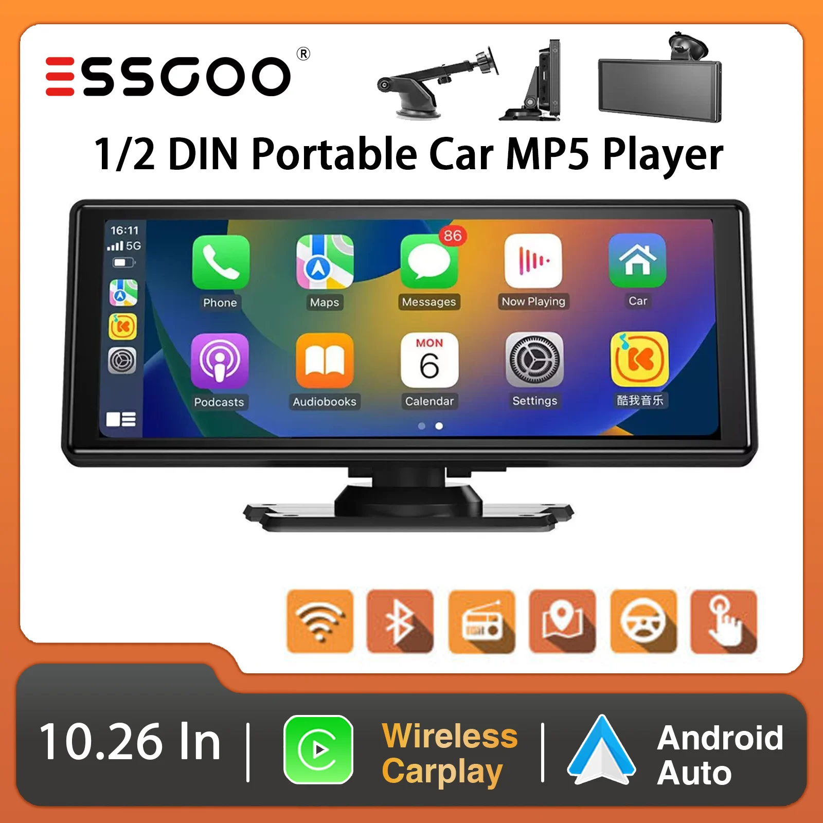 ESSGOO 10.26'' Portable Car Stereo GPS Navigation Head Unit IPS Touchscreen Wireless Apple CarPlay Android Auto FM USB Bluetooth