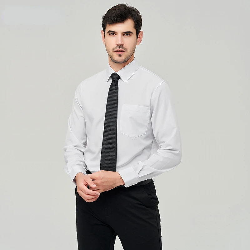 2023 New solid color US size four-sided elastic anti-wrinkle men's business casual long-sleeved slim social business white shirt