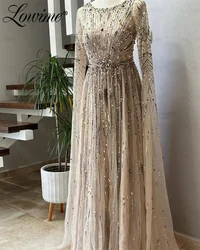 Muslim Formal Champagne Evening Dress Long Sleeve Arabic Dubai Celebrity Dresses A Line Shiny Sequined Crystals Prom Party Gowns