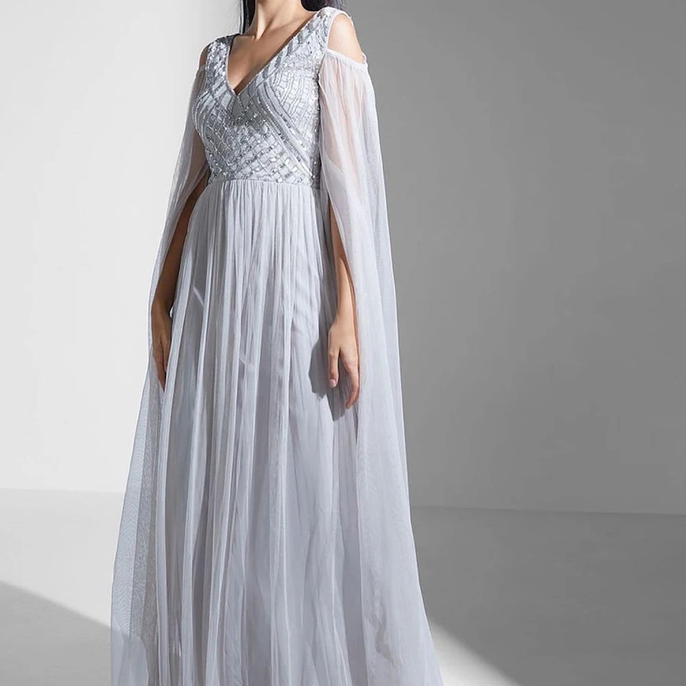 

Floor Length Straight V Neck Chiffon 3/4 Sleeves Pleats Sweep Train Sequined Elegant Party Dresses Woman Special Occasion Gowns