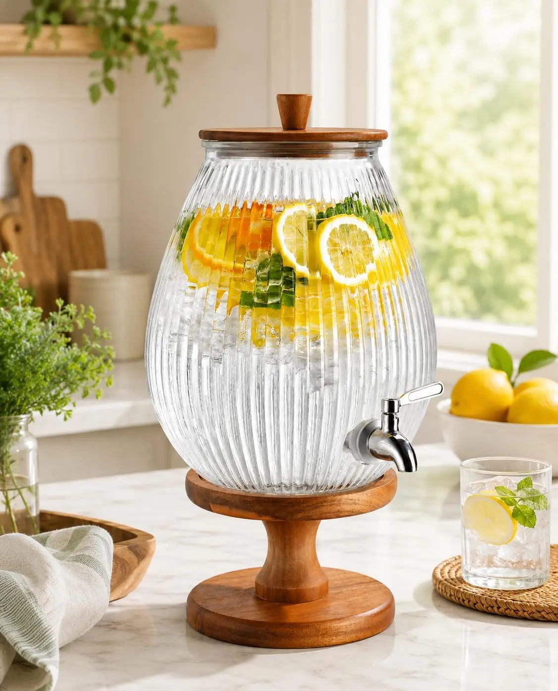 2 Gallon Drink dispenser, Glass Beverage Dispenser With Wood Stand, Large Water Drink Dispensers for Parties With Stainless Stee