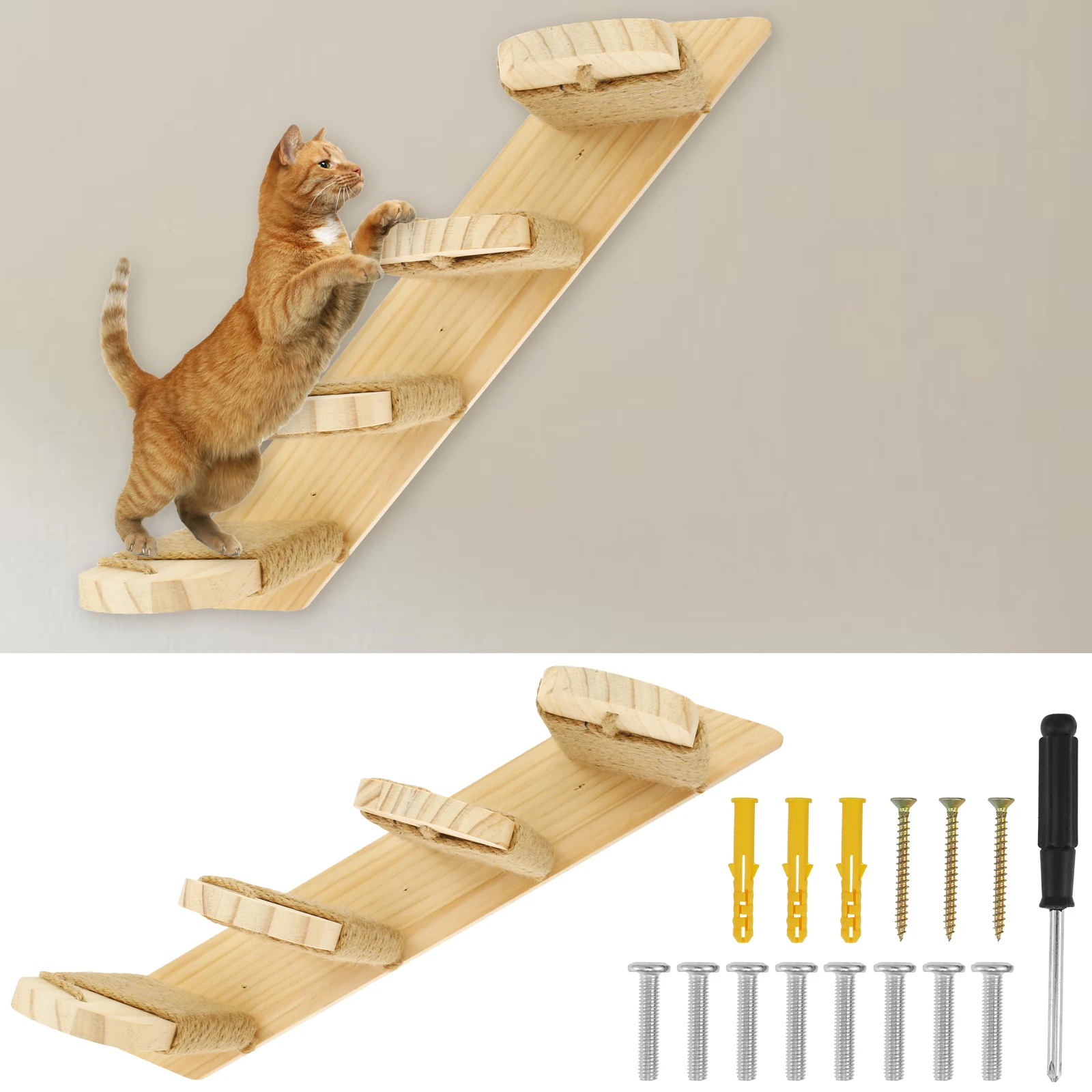 

Wood Cat Wall Stairs With Sisal Rope Four Layers Wall Mounted Cat Wall Ladder Reversible Left and Right Direction Cat Shelf