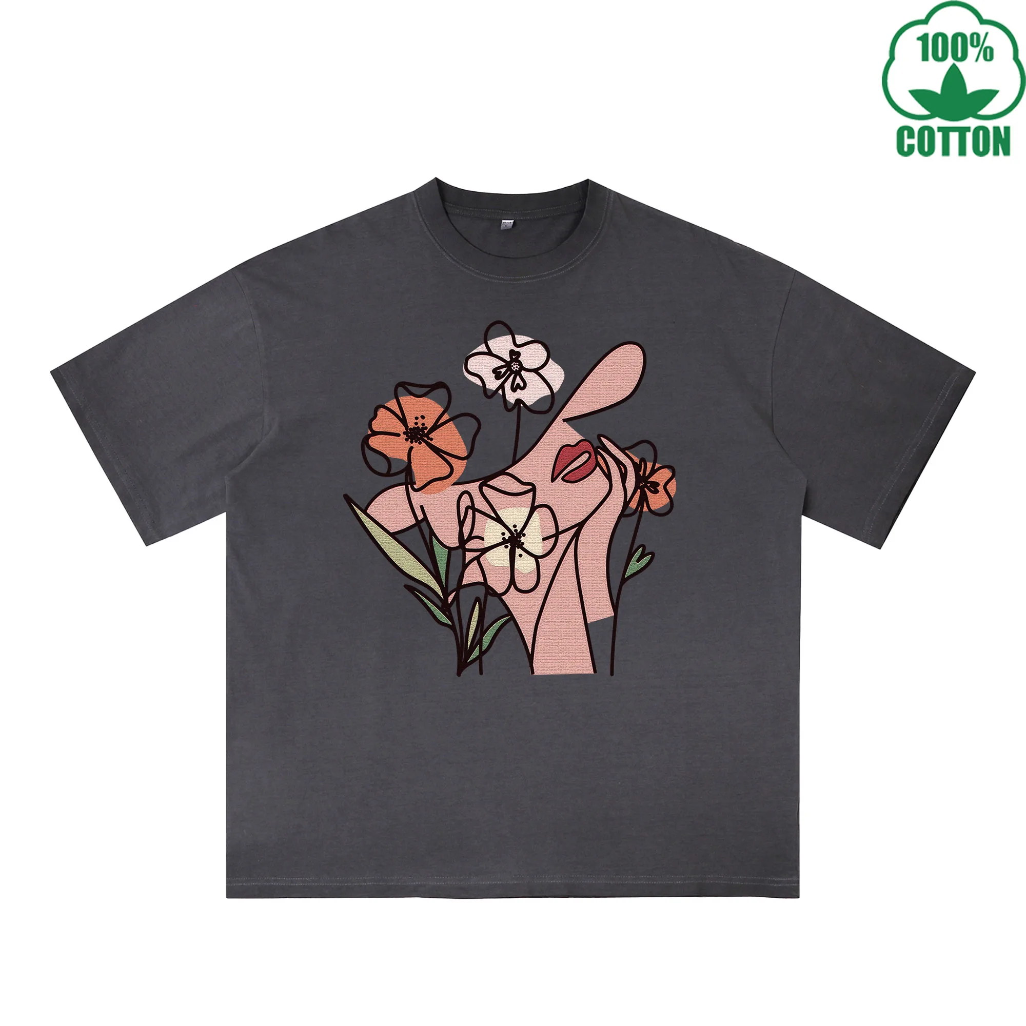 

Футболка с принтом «Цветы и люди», эффект потертости, 230 г, разноцветная, свободного кроя, модная, 100% хлопок, с коротким рукавом