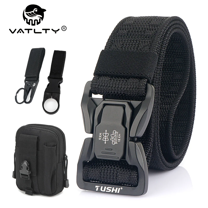 VATLTY Nuevo cinturón táctico al aire libre negro para hombre, cinturón militar de nailon ajustado de 105 cm-125 cm, hebilla de aleación Cierre rápido Cintura casual Bolsa táctica masculina