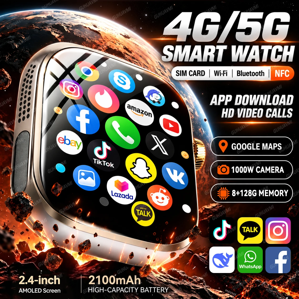 Neue 2,4-Zoll-AMOLED-Smartwatch 4G/5G LTE Android 190 ° Rotationskamera Google Maps WLAN NFC SIM-Kartensteckplatz 8+128G Modische Smartwatches