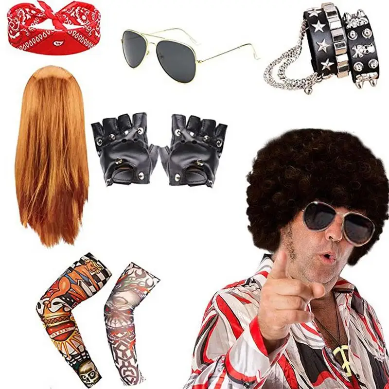 

Men's Rocker Costume Metal Disco Costume Men Hippie Wig Men's Rocker Heavy Metal Costume 70s 80s Rocker Wigs Men Costume Set For