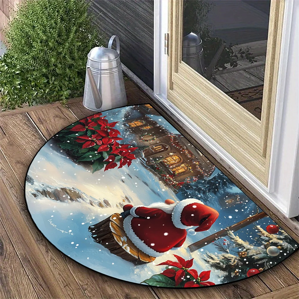 Back View Santa Snowy Mountain Poinsettia Landscape Doormat for Garden Porch Outdoor Courtyard Winter Decor Washable mat