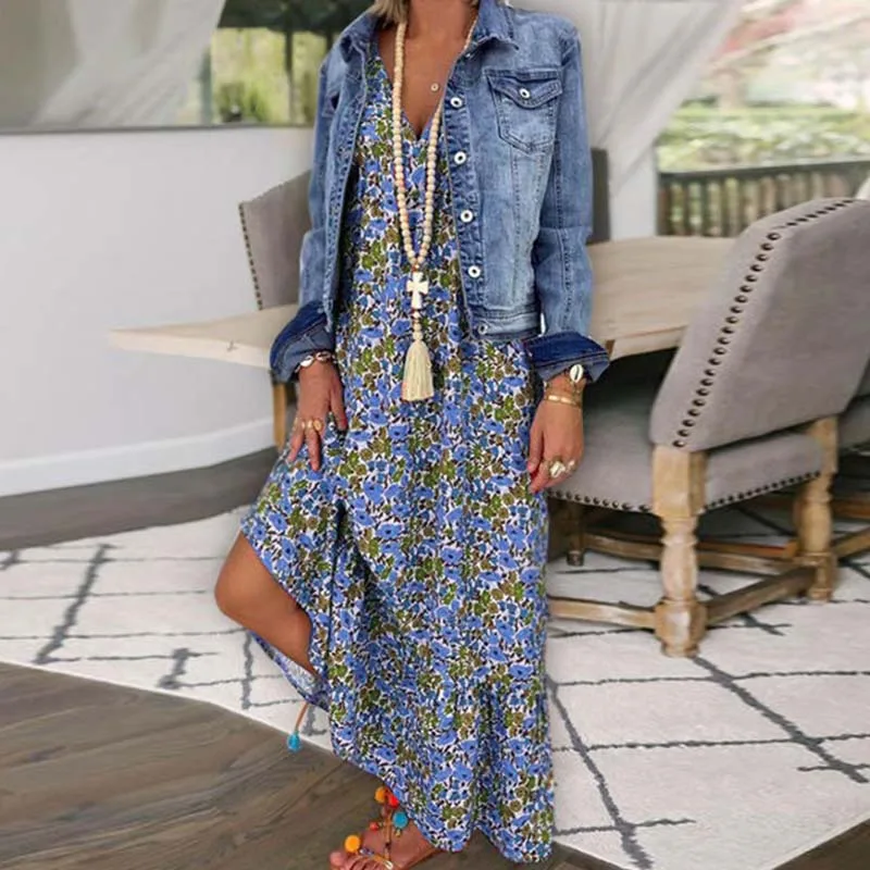 Elegante flor impressão solta suspensórios vestido de verão sexy profundo decote em v sem mangas bohe vestido longo 2023 moda feminina vestidos de festa