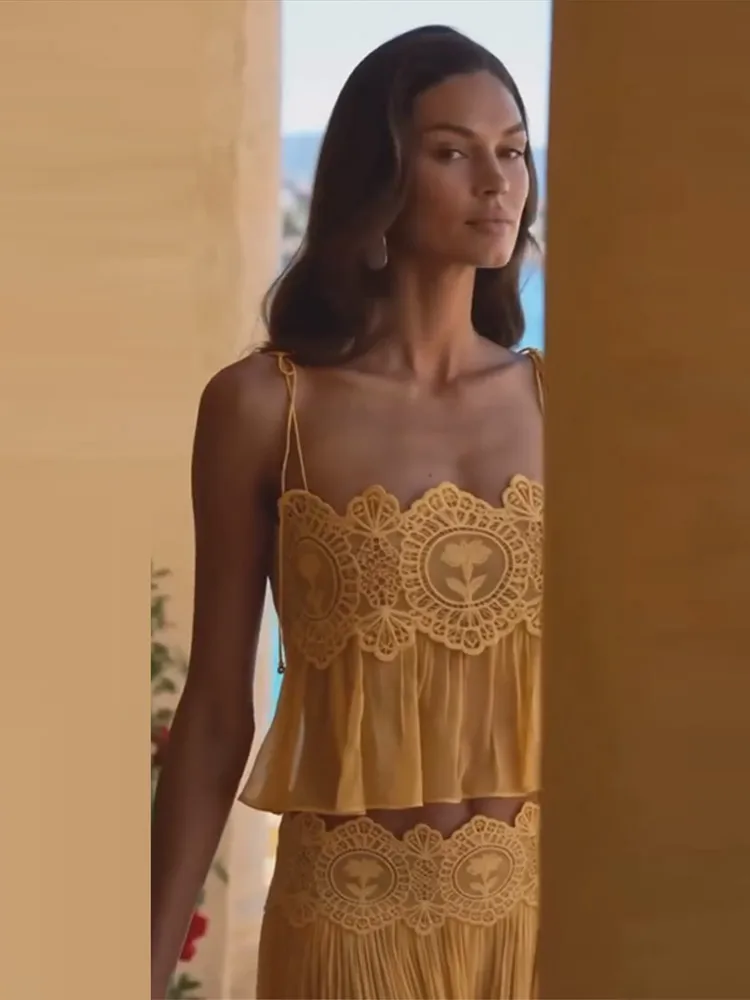 Spitzen-Patchwork Durchsichtige Weste und Hosen-Sets für Damen, Sexy Rückenfreie Tops mit Schnürung, Laternenhosen, Charmante Damen-Outfits, Strandkleidung, Neu – Detail 14