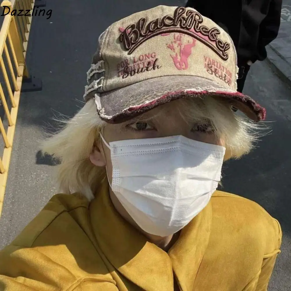

Fashion Adjustable Washed Baseball Hat Sunscreen Leisure Letter Embroidery Peaked Cap Cotton Patchwork Color Punk Sun Cap Men