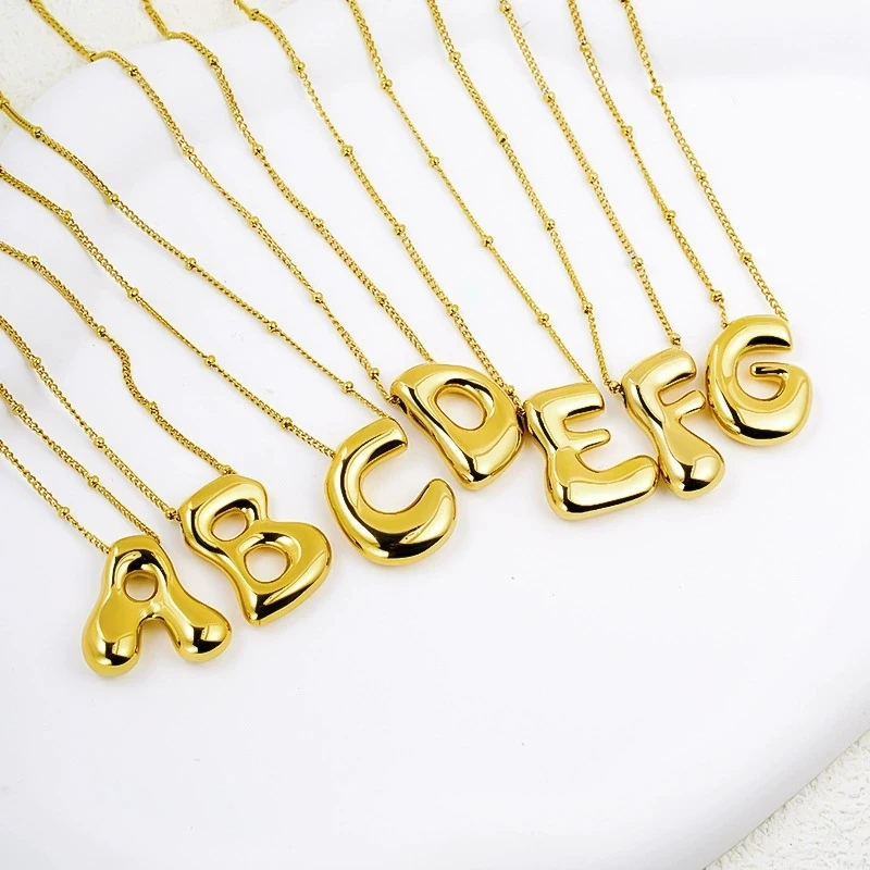 English Letter Initial Necklace Puffy Bubble Necklace 18K Gold Plated Stainless Steel Letter Pendant Necklace for Women