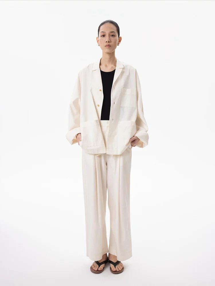 

Sison by Sison, хлопково-шерстяная смесовая ткань, простая бежевая рубашка с кубинским воротником, оригинальный дизайн, свободный крой, длинный рукав, женская...