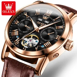 OLEVS New Mechanical Watch for Men Luxury Leather Waterproof Multifunction Year Month Week Date Automatic Tourbillon Watches Men