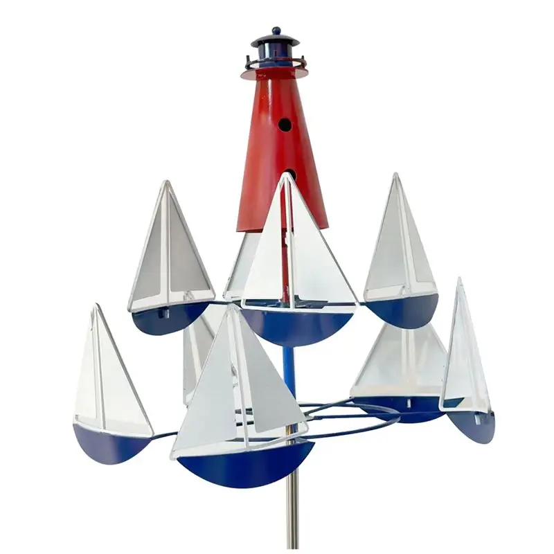ABGH-1 Piece Lighthouse Sailboat Windmills Nautical Wind Sculpture Metal Decor For Yard, Wind Spinner