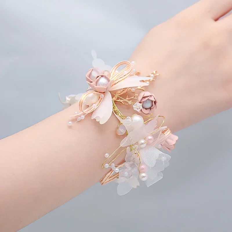 Wedding Wrist Corsage Wedding Bridesmaid Bracelet Silk Rose Flower Party Prom Fabric Hand Flowers Bracelet Wedding Boutonniere