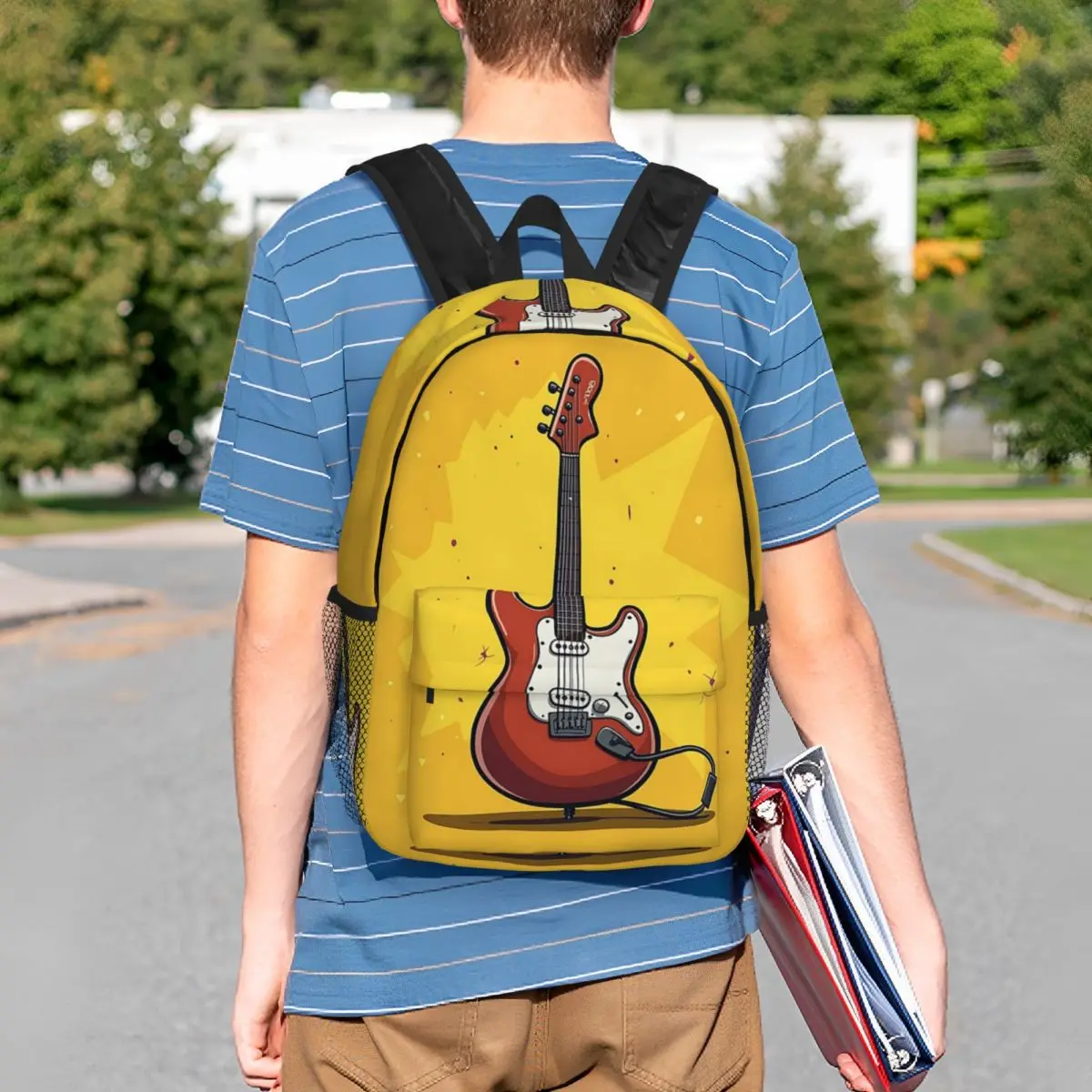 Red Cartoon Electric Guitar Backpack Student BookBag Kids School Bag Laptop Shoulder Bags for Men Women