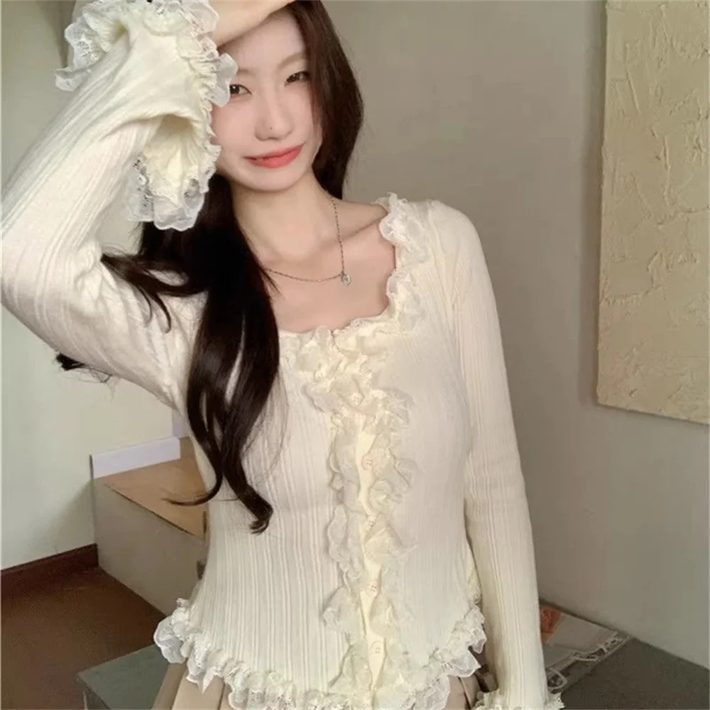 Style Sexy Long Sleeve O-neck Lace Spliced T-shirt 2025 Spring Autumn Top Slimming Pullover Fashion Knitted Ladies Tshirt