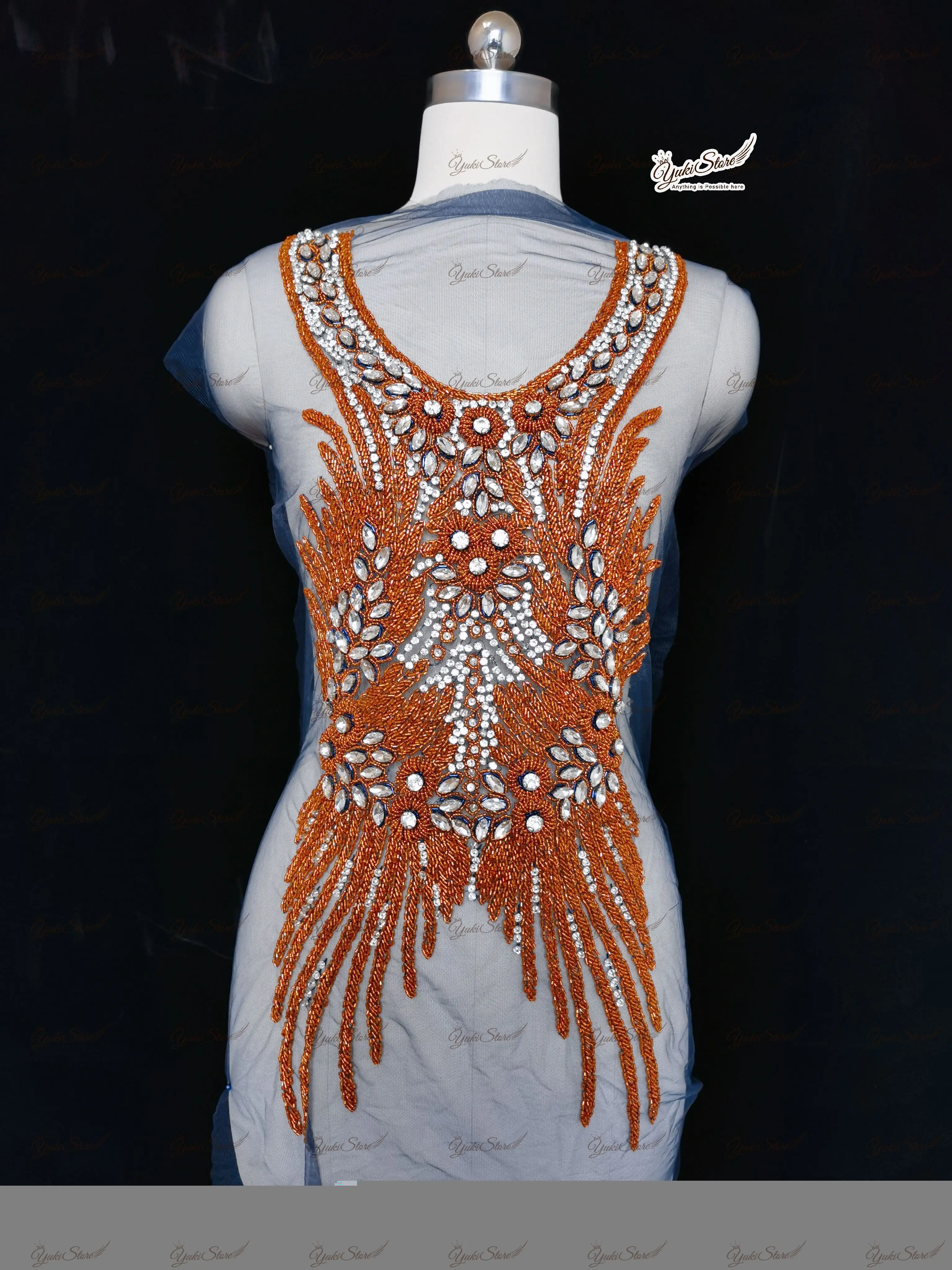 

Handmade Evening Dress Sparkly two sides handmade beads patches rhinestone applique crystal mesh elegant bodice JY053