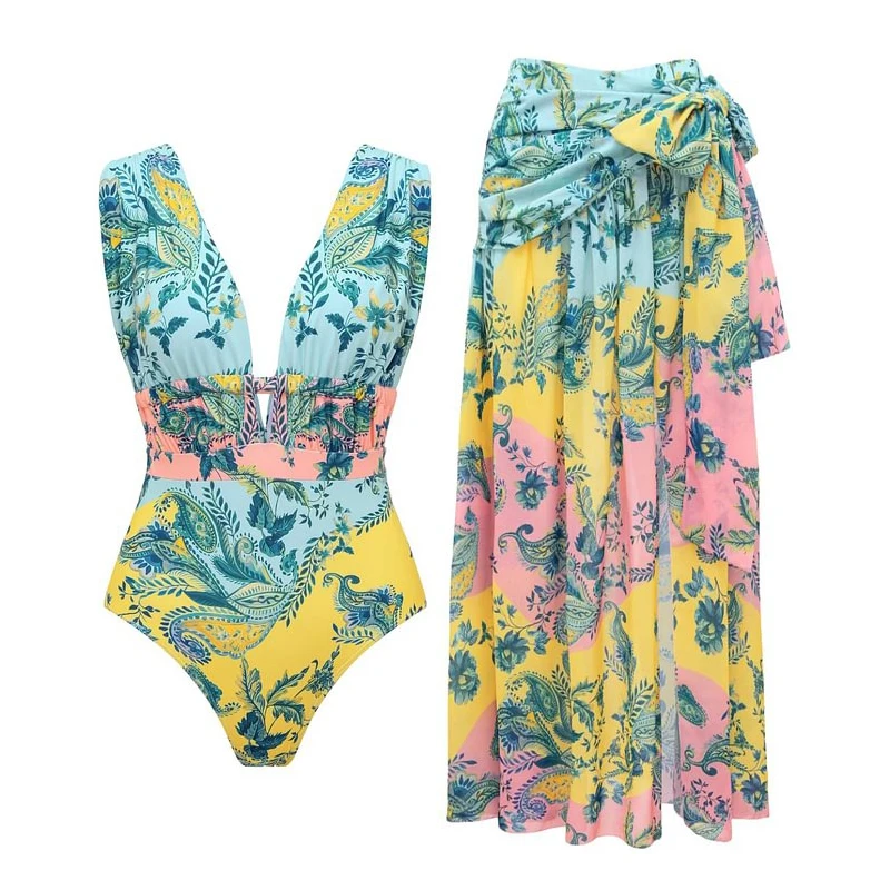 

New Women Printed Color Block One Piece Swimsuit and Skirt Push Up Women Bikini Set Swimwear Slimming Bathing Suit Beach Wear